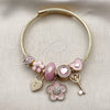 Stainless Steel Individual Bangle, Flower and key Design, with Light Rose and White Crystal, Pink Enamel Finish, Golden Finish, 07.464.0047 (03 MM Thickness, One size fits all)