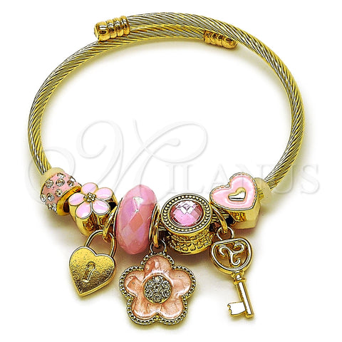 Stainless Steel Individual Bangle, Flower and key Design, with Light Rose and White Crystal, Pink Enamel Finish, Golden Finish, 07.464.0047 (03 MM Thickness, One size fits all)