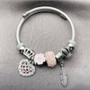 Stainless Steel Individual Bangle, Heart and Leaf Design, with Light Rose and Crystal Crystal, Pink Enamel Finish, Rhodium Finish, 07.454.0010 (03 MM Thickness, One size fits all)