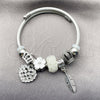 Stainless Steel Individual Bangle, Heart and Leaf Design, with Crystal Crystal, White Enamel Finish, Rhodium Finish, 07.454.0010.1 (03 MM Thickness, One size fits all)