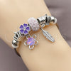Stainless Steel Individual Bangle, Flower and Leaf Design, with Violet Crystal, Purple Enamel Finish, Rhodium Finish, 07.454.0012 (03 MM Thickness, One size fits all)