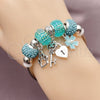 Stainless Steel Individual Bangle, Heart and Lock Design, with Light Turquoise Crystal and Ivory Pearl, Turquoise Enamel Finish, Rhodium Finish, 07.454.0013 (03 MM Thickness, One size fits all)