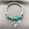Stainless Steel Individual Bangle, Heart and Lock Design, with Light Turquoise Crystal and Ivory Pearl, Turquoise Enamel Finish, Rhodium Finish, 07.454.0013 (03 MM Thickness, One size fits all)