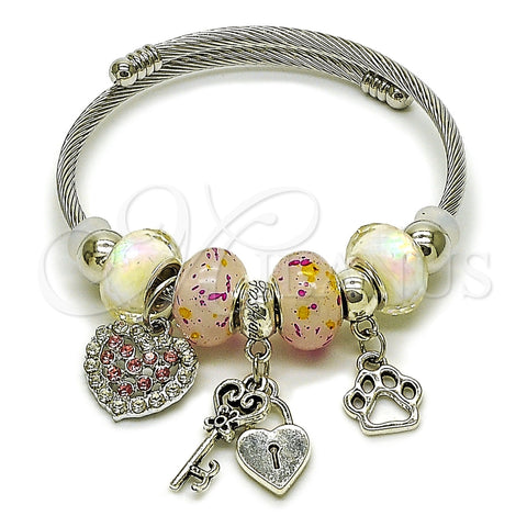 Stainless Steel Individual Bangle, Heart and Lock Design, with Light Rose and Crystal Crystal, Polished, Rhodium Finish, 07.454.0014 (03 MM Thickness, One size fits all)