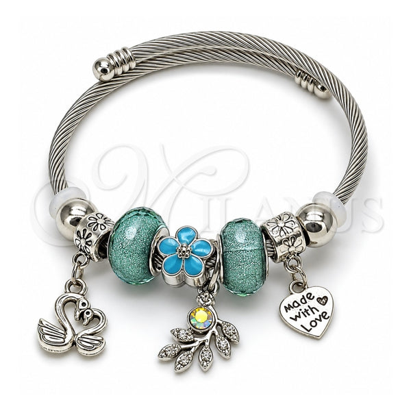 Stainless Steel Individual Bangle, Swan and Heart Design, with Light Turquoise and Aurore Boreale Crystal, Turquoise Enamel Finish, Rhodium Finish, 07.454.0015.1 (03 MM Thickness, One size fits all)
