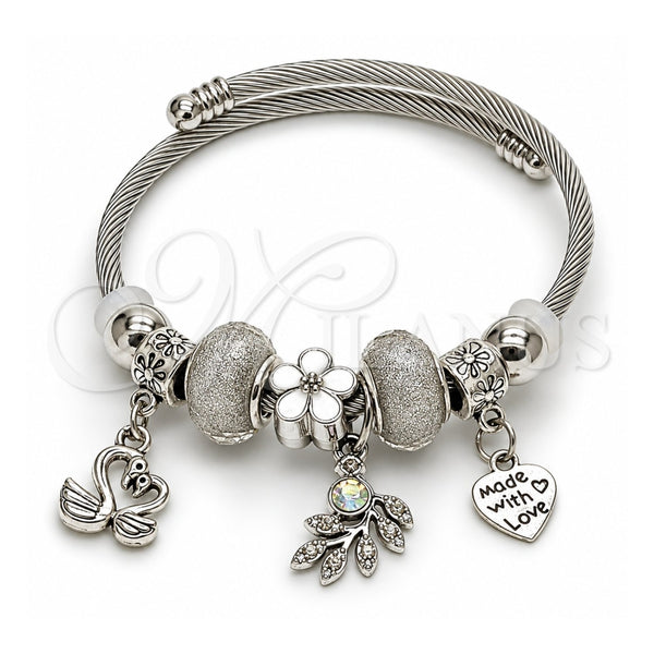 Stainless Steel Individual Bangle, Swan and Heart Design, with Crystal and Aurore Boreale Crystal, White Enamel Finish, Rhodium Finish, 07.454.0015.2 (03 MM Thickness, One size fits all)