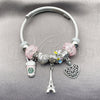Stainless Steel Individual Bangle, Heart and Eiffel Tower Design, with Light Rose Crystal, Multicolor Enamel Finish, Rhodium Finish, 07.454.0016.1 (03 MM Thickness, One size fits all)
