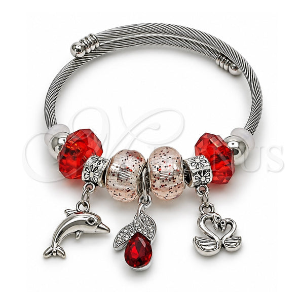 Stainless Steel Individual Bangle, Dolphin and Swan Design, with Light Siam and Crystal Crystal, Polished, Rhodium Finish, 07.454.0018 (03 MM Thickness, One size fits all)
