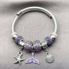 Stainless Steel Individual Bangle, Shell and Fish Design, with Tanzanite Crystal, Purple Enamel Finish, Steel Finish, 07.454.0005.2 (03 MM Thickness, One size fits all)