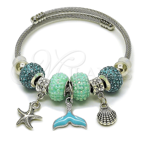 Stainless Steel Individual Bangle, Star and Shell Design, with Light Turquoise Crystal, Turquoise Enamel Finish, Steel Finish, 07.454.0005.4 (03 MM Thickness, One size fits all)
