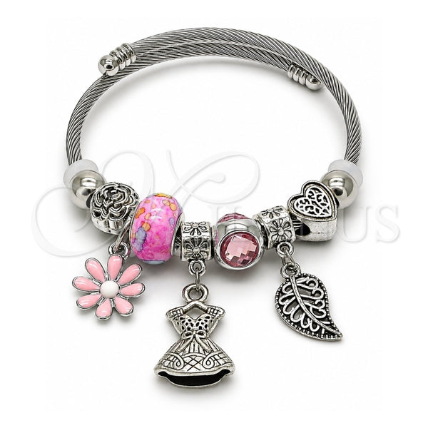 Stainless Steel Individual Bangle, Flower and Leaf Design, with Light Rose Crystal, Pink Enamel Finish, Rhodium Finish, 07.454.0019 (03 MM Thickness, One size fits all)