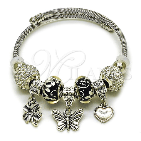 Stainless Steel Individual Bangle, Butterfly and Heart Design, with Crystal Crystal, Polished, Rhodium Finish, 07.454.0021 (03 MM Thickness, One size fits all)