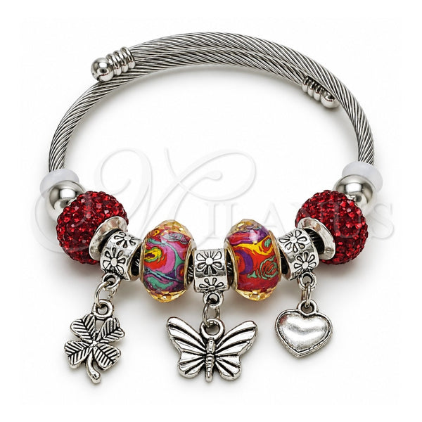 Stainless Steel Individual Bangle, Butterfly and Four-leaf Clover Design, with Light Siam Crystal, Polished, Rhodium Finish, 07.454.0021.1 (03 MM Thickness, One size fits all)