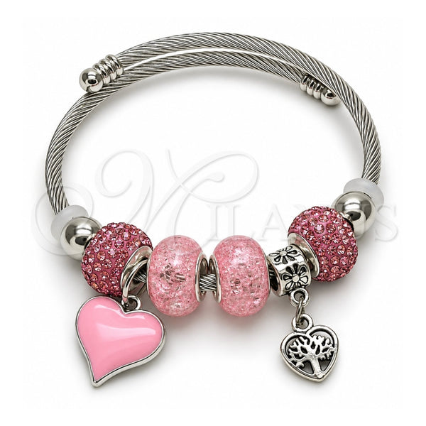 Stainless Steel Individual Bangle, Heart and Tree Design, with Light Rose Crystal, Pink Enamel Finish, Rhodium Finish, 07.454.0023 (03 MM Thickness, One size fits all)