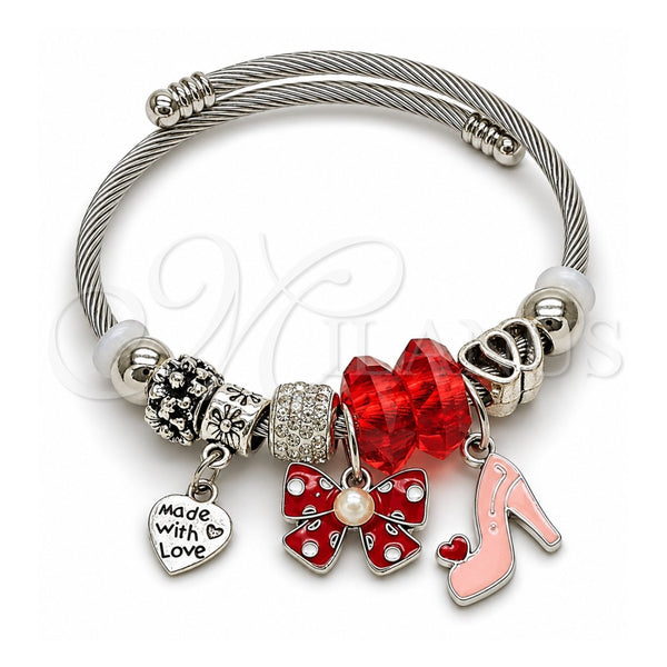 Stainless Steel Individual Bangle, Bow and Heart Design, with Light Silk and Crystal Crystal, Red Enamel Finish, Rhodium Finish, 07.454.0024 (03 MM Thickness, One size fits all)