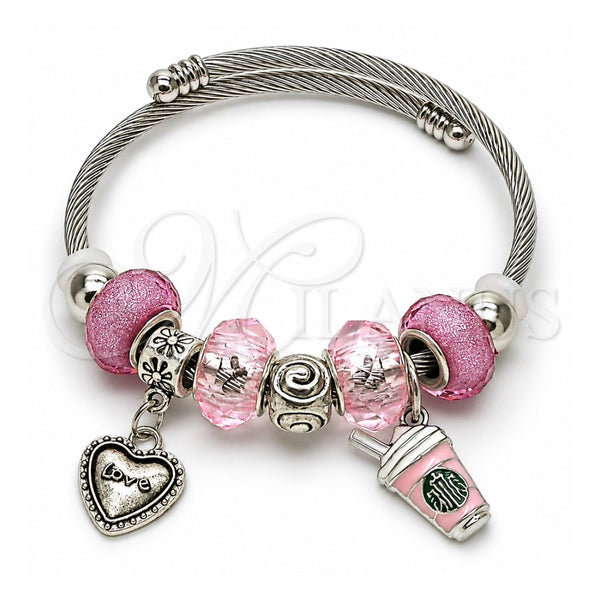 Stainless Steel Individual Bangle, Heart and Drink Glass Design, with Light Rose Crystal, Pink Enamel Finish, Rhodium Finish, 07.454.0027 (03 MM Thickness, One size fits all)