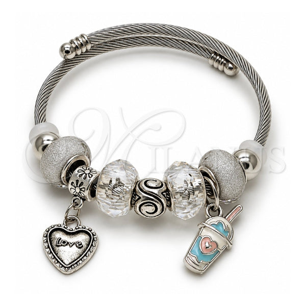 Stainless Steel Individual Bangle, Heart and Drink Glass Design, with Crystal Crystal, White Enamel Finish, Rhodium Finish, 07.454.0027.1 (03 MM Thickness, One size fits all)