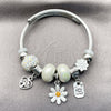 Stainless Steel Individual Bangle, Flower and Heart Design, with Aurore Boreale and Ivory Crystal, White Enamel Finish, Rhodium Finish, 07.454.0029 (03 MM Thickness, One size fits all)