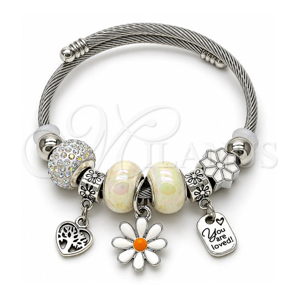 Stainless Steel Individual Bangle, Flower and Heart Design, with Aurore Boreale and Ivory Crystal, White Enamel Finish, Rhodium Finish, 07.454.0029 (03 MM Thickness, One size fits all)