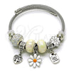 Stainless Steel Individual Bangle, Flower and Heart Design, with Aurore Boreale and Ivory Crystal, White Enamel Finish, Rhodium Finish, 07.454.0029 (03 MM Thickness, One size fits all)