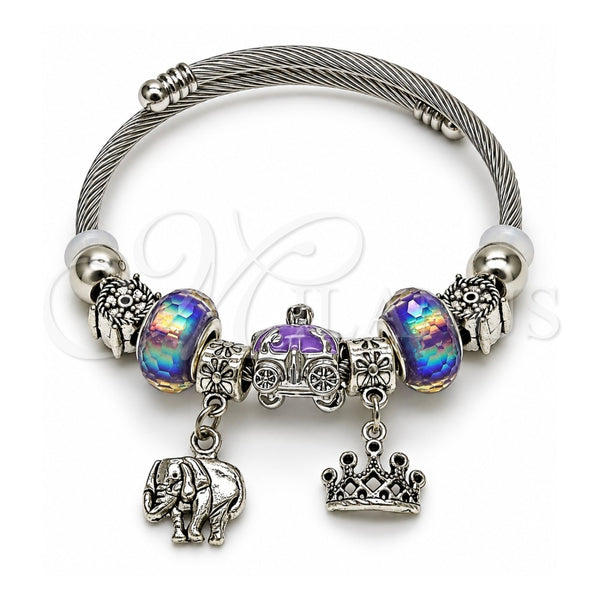 Stainless Steel Individual Bangle, Elephant and Crown Design, with Violet Crystal, Polished, Rhodium Finish, 07.454.0031 (03 MM Thickness, One size fits all)