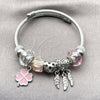 Stainless Steel Individual Bangle, Four-leaf Clover and Heart Design, with Light Rose and Crystal Crystal, Pink Enamel Finish, Rhodium Finish, 07.454.0033 (03 MM Thickness, One size fits all)