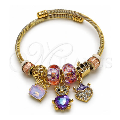Stainless Steel Individual Bangle, Teddy Bear and Heart Design, with Amethyst and Light Peach Crystal, Purple Enamel Finish, Golden Finish, 07.454.0034 (03 MM Thickness, One size fits all)