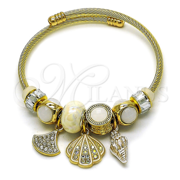 Stainless Steel Individual Bangle, Shell and Snail Design, with Crystal and Ivory Crystal, White Enamel Finish, Golden Finish, 07.454.0035 (03 MM Thickness, One size fits all)