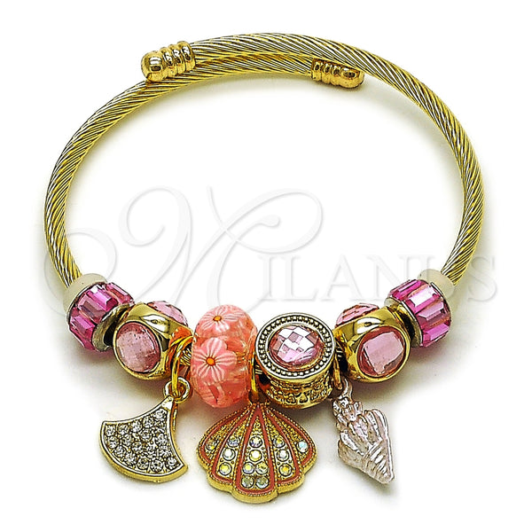 Stainless Steel Individual Bangle, Shell and Snail Design, with Light Rose and Aurore Boreale Crystal, Pink Enamel Finish, Golden Finish, 07.454.0035.2 (03 MM Thickness, One size fits all)