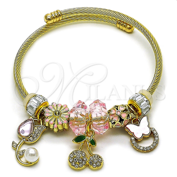Stainless Steel Individual Bangle, Flower and Cherry Design, with Light Rose and Crystal Crystal, Pink Enamel Finish, Golden Finish, 07.454.0036 (03 MM Thickness, One size fits all)
