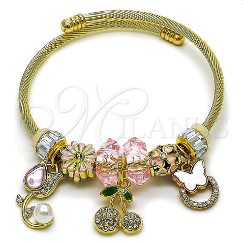Stainless Steel Individual Bangle, Flower and Cherry Design, with Light Rose and Crystal Crystal, Pink Enamel Finish, Golden Finish, 07.454.0036 (03 MM Thickness, One size fits all)