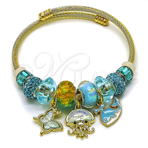 Stainless Steel Individual Bangle, Fish and Butterfly Design, with Light Turquoise Crystal, Turquoise Enamel Finish, Golden Finish, 07.454.0037 (03 MM Thickness, One size fits all)