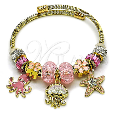 Stainless Steel Individual Bangle, Star and Flower Design, with Rose and Light Rose Crystal, Pink Enamel Finish, Golden Finish, 07.454.0038 (03 MM Thickness, One size fits all)