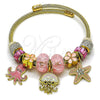 Stainless Steel Individual Bangle, Star and Flower Design, with Rose and Light Rose Crystal, Pink Enamel Finish, Golden Finish, 07.454.0038 (03 MM Thickness, One size fits all)