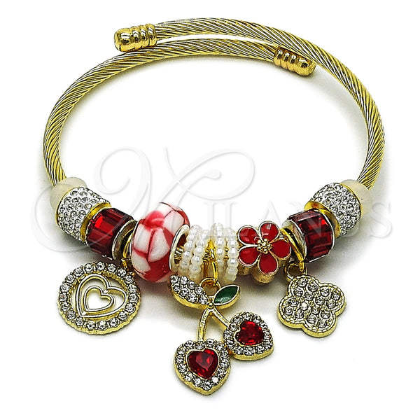 Stainless Steel Individual Bangle, Cherry and Heart Design, with Siam and Crystal Crystal, Red Enamel Finish, Golden Finish, 07.454.0039 (03 MM Thickness, One size fits all)