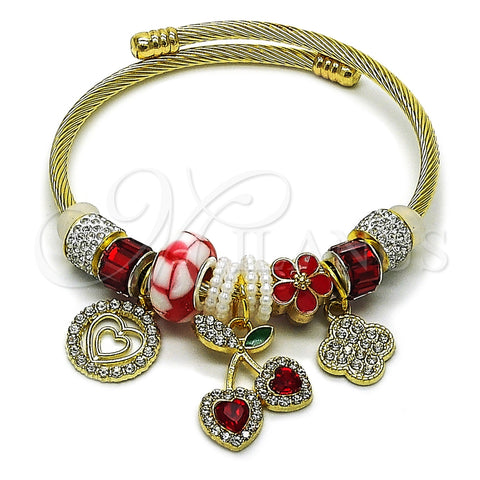 Stainless Steel Individual Bangle, Cherry and Heart Design, with Siam and Crystal Crystal, Red Enamel Finish, Golden Finish, 07.454.0039 (03 MM Thickness, One size fits all)