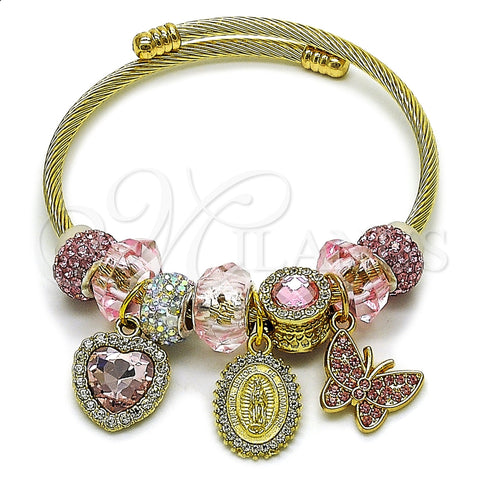Stainless Steel Individual Bangle, Guadalupe and Heart Design, with Light Rose and Crystal Crystal, Polished, Golden Finish, 07.454.0040 (03 MM Thickness, One size fits all)