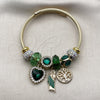 Stainless Steel Individual Bangle, San Judas and Heart Design, with Emerald and Aurore Boreale Crystal, Green Enamel Finish, Golden Finish, 07.454.0041 (03 MM Thickness, One size fits all)