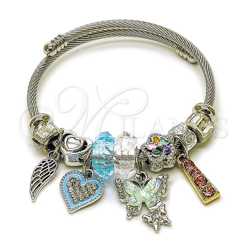 Stainless Steel Individual Bangle, Butterfly and Heart Design, with Crystal and Light Turquoise Crystal, Turquoise Enamel Finish, Two Tone, 07.454.0042 (03 MM Thickness, One size fits all)
