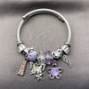 Stainless Steel Individual Bangle, Butterfly and Flower Design, with Violet and Crystal Crystal, Purple Enamel Finish, Two Tone, 07.454.0043 (03 MM Thickness, One size fits all)