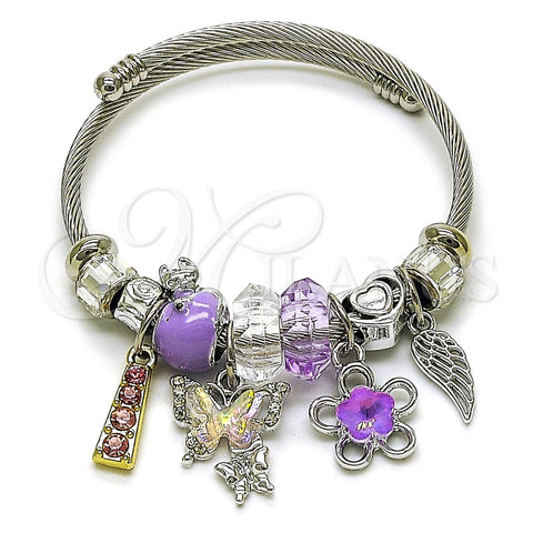 Stainless Steel Individual Bangle, Butterfly and Flower Design, with Violet and Crystal Crystal, Purple Enamel Finish, Two Tone, 07.454.0043 (03 MM Thickness, One size fits all)