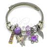 Stainless Steel Individual Bangle, Butterfly and Flower Design, with Violet and Crystal Crystal, Purple Enamel Finish, Two Tone, 07.454.0043 (03 MM Thickness, One size fits all)