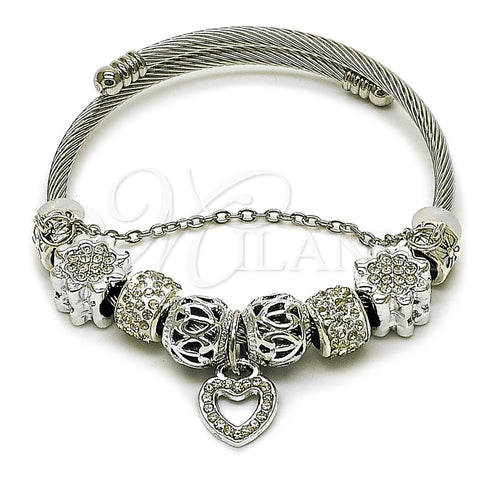 Stainless Steel Individual Bangle, Heart and Flower Design, with Crystal Crystal, Polished, Rhodium Finish, 07.454.0044 (03 MM Thickness, One size fits all)