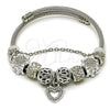 Stainless Steel Individual Bangle, Heart and Flower Design, with Crystal Crystal, Polished, Rhodium Finish, 07.454.0044 (03 MM Thickness, One size fits all)