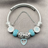 Stainless Steel Individual Bangle, Heart and Flower Design, with Crystal and Light Turquoise Crystal, Polished, Rhodium Finish, 07.454.0044.3 (03 MM Thickness, One size fits all)
