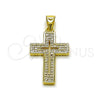 Oro Laminado Religious Pendant, Gold Filled Style Cross Design, with White Micro Pave, Polished, Golden Finish, 05.213.0219