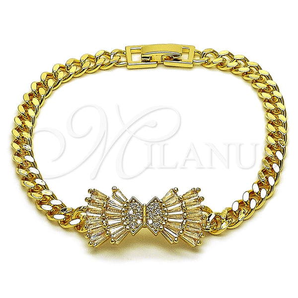 Oro Laminado Fancy Bracelet, Gold Filled Style Bow and Miami Cuban Design, with White Cubic Zirconia and White Micro Pave, Polished, Golden Finish, 03.130.0023.08 (Thickness, 8 Inches Length)