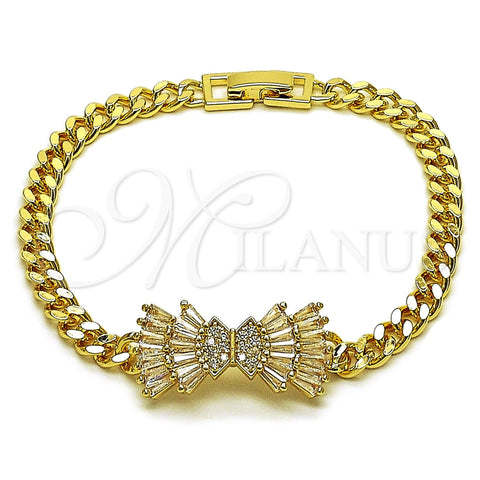Oro Laminado Fancy Bracelet, Gold Filled Style Bow and Miami Cuban Design, with White Cubic Zirconia and White Micro Pave, Polished, Golden Finish, 03.130.0023.08 (Thickness, 8 Inches Length)