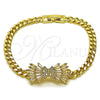 Oro Laminado Fancy Bracelet, Gold Filled Style Bow and Miami Cuban Design, with White Cubic Zirconia and White Micro Pave, Polished, Golden Finish, 03.130.0023.08 (Thickness, 8 Inches Length)