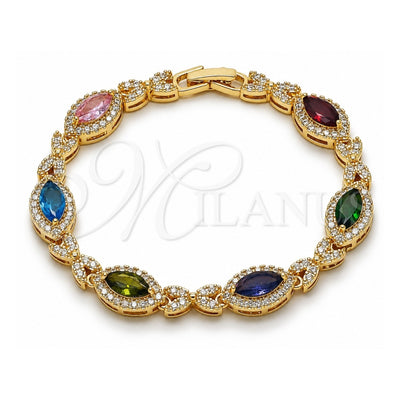 Oro Laminado Tennis Bracelet, Gold Filled Style Hugs and Kisses and Cluster Design, with Multicolor and White Cubic Zirconia, Polished, Golden Finish, 03.130.0025.07 (Thickness, 7 Inches Length)
